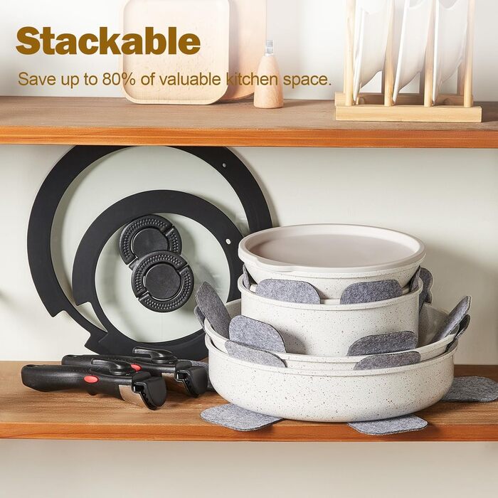 Набір каструль та сковорідок Rossetto 17 предметів з антипригарним покриттям, кераміка, індукційний, для дому та подорожей, знімні ручки, без PFOA та STONE