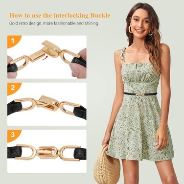 Жіночий тонкий шкіряний ремінь WHIPPY (2 шт.) з золотою пряжкою, 105/120 см, для талії до 95/110 см (чорний+білий)