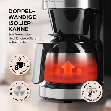 Кавомашина Barista Filterkaffeemaschine з регульованим млинком та термокружка | Функція підігріву, таймер 24 год та перманентний фільтр | Для 10 чашок кави | Кавомашина для зерен та меленої кави [Нержавіюча сталь] (8) Нержавіюча сталь (Pro Design) - Термо