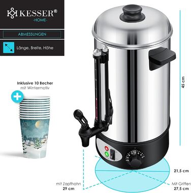 KESSER® Mulled Wine Boiler 8L Stainless Steel Incl. 10 Cups Mulled Wine Cooker with Thermostat Mulled Wine Dispenser Hot Beverage Dispenser Water Boiler Hot Water Dispenser Canning Device Level Indicator Tap Silver