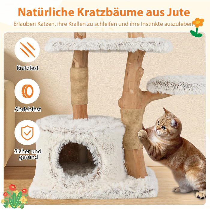 Дерев'яна кігтеточка для котів Costway 87 см з гамаком та джутовими стовпами, білий кігтеточний комплекс з 2 стовпами та печереєю