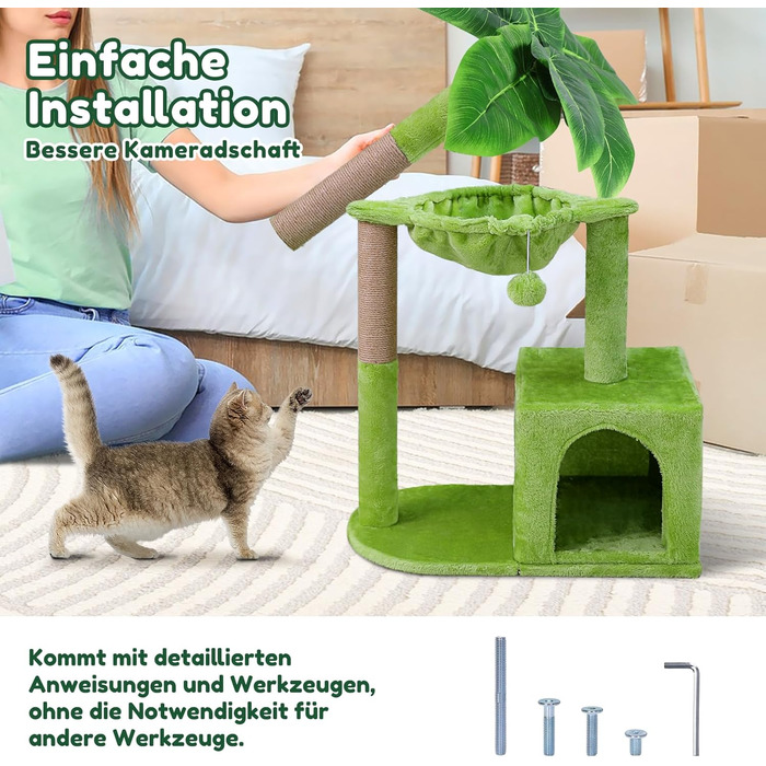 Zonema Kratzbaum-Kratzstamm Scratching Post with 80 cm Scratching Column for Small and Large Cats, Sisal Rope Cat Scratching Post with 1 Interactive Ball, Scratching Pole Cat Furniture, For Indoor Activity, Play (Cat Tree 110 cm tall, Green)