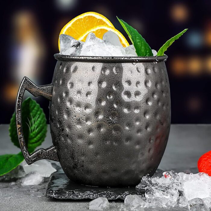 Moscow Mule Mug Set with 4 Black Moscow Mule Cups, 530 ml, Gunmetal Black Plated, Stainless Steel Cups, Double Measuring Cups, Chilled Cold Drinks, Cocktail Cups, Drinkware with Gift Box