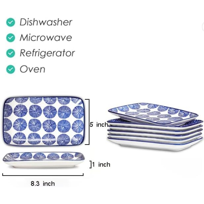 Сервірувальна тарілка Selamica 21 см, прямокутна, набір з 6 шт. для 6 осіб, десертна, для салатів, суші, фруктів, вінтажний синій колір