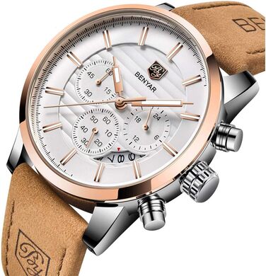 Годинник чоловічий Benyар Chronograph з кварцовим механізмом, водонепроникний, з нержавіючої сталі, для бізнесу, спорту та відпочинку (колір: коричневий, золотий, білий)