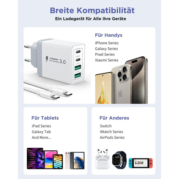 Мережевий адаптер USB-C на 4 порти з кабелем USB-C на USB-C 2м, 40W, PD 3.0, для iPhone, Samsung, смартфонів