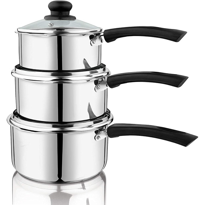Каструля Penguin Home 18 см, 2 л, нержавіюча сталь, з скляною кришкою, для індукції, з двостороннім носиком, набір каструль і сковорідок, срібляста, 3 бакелітові ручки