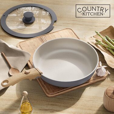 Набір посуду Country Kitchen 16 предметів з керамічним антипригарним покриттям, дерев'яні ручки, для дому та кемпінгу, придатний для духовки (кремовий/сіро-бежевий)