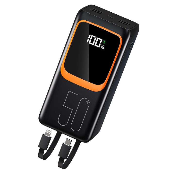Power Bank 50000 mAh з вбудованим кабелем, 22.5W швидка зарядка, LED-ліхтарик, 7 портів (3 входи) - портативний акумулятор