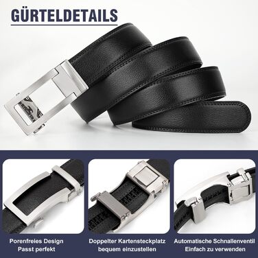 Чоловічий шкіряний ремінь JasGood з автоматичною застібкою, регульований, без отворів, ширина 35 мм, чорний, 130 см (підходить для обхвату талії 101-115 см)