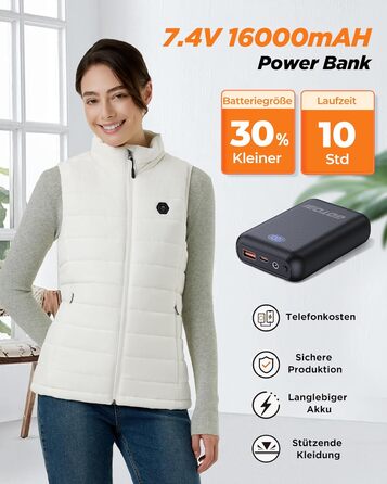 Тепла жилетка для жінок з акумулятором 16000mAh 7.4V - Жилетка з 9 зонами обігріву та 3 рівнями температури, обігрівальна жилетка, для роботи на вулиці, обігрівальна куртка біла S