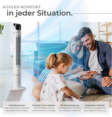 Турбо вентилятор Tectake з пультом дистанційного керування та таймером, тихий вентилятор-вежа, мобільний кондиціонер, 3 швидкості, 31 x 110 см