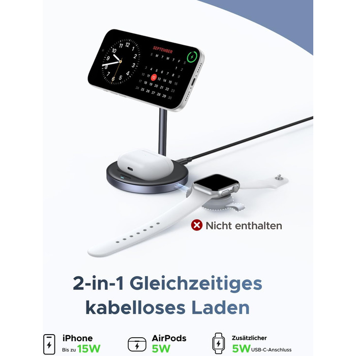 Бездротовий зарядний пристрій UGREEN Zapix Qi2 Magnetic 2-в-1, 15W, сумісний з MagSafe для iPhone 15/14/13/12 та AirPods, регульований на 90°