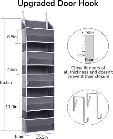 Органайзер для дверей ULG з 5 великими кишенями та 10 сітчастими кишенями, 20 кг, для спальні, ванної, кухні (темно-сірий)