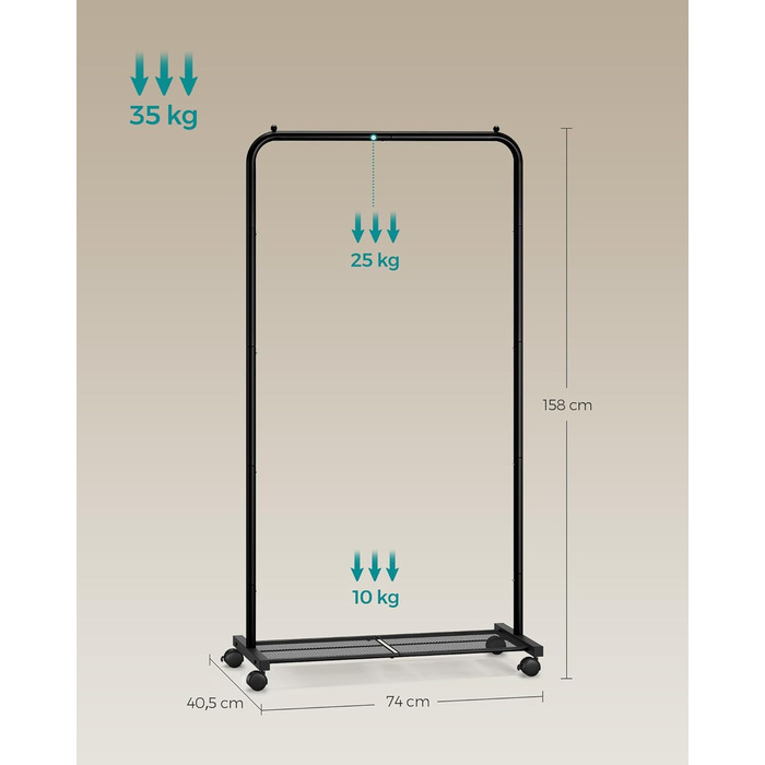 SONGMICS Clothes Rack, Rolling Garment Rack, Metal Wardrobe Stand, Rolling Wardrobe 91 cm wide, with Shelf, 2 Wheels with Brake, Rod Load Capacity up to 40 kg, HSR025A01 (Black, 74x40.5x158cm)