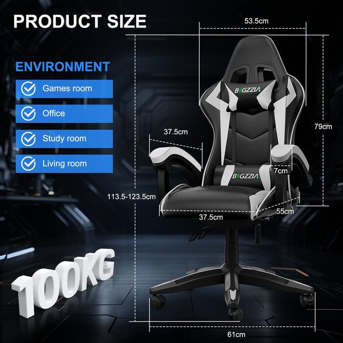 Геймерське крісло Bigzzia Ergonomisch з підтримкою попереку та голови, Bluetooth, чорно-біле, регульована висота, для підлітків та дорослих