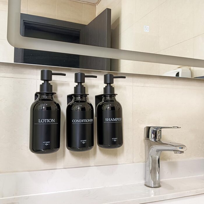 Набір дозаторів для мила та шампуню на стіну, 500 мл, 3 шт., без свердління, колір бурштиновий (чорна пляшка + чорний насос)