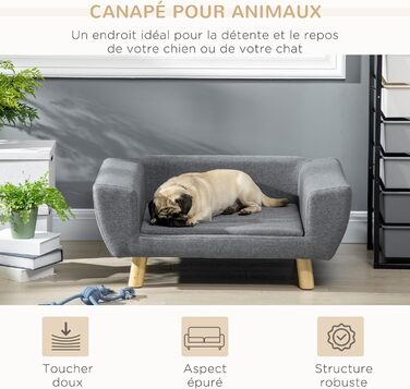 PawHut Софа для собак, скандинавський дизайн, м'яка подушка, дерев'яні ніжки, 87 x 61 x 36 см, поліестер, сіра
