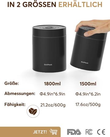 OUTPEAK 2025 Kilo Auto Вакуумна кавова банка 1,8L для 601.0 г кавових зерен, автоматичне керування, бак з нержавіючої сталі з ложкою, свіжість на 6 місяців (Вибір чемпіона бариста) 1.8L-S/Steel-Space Grey