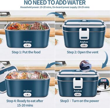 Електрична ланчбокс 1,8л 100W 3-в-1 з підігрівом 12V/24V/220V для авто/офісу/дому (з виделкою та ложкою, блакитна)
