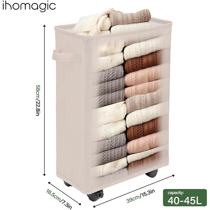 IHOMAGIC кошик для білизни 40 л з колесами, складаний, прямокутний, бежевий, для ванної та спальні