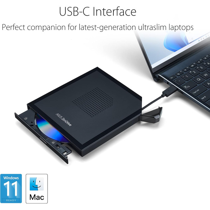 Зовнішній DVD-привід та записувач ASUS ZenDrive V1M (SDRW-08V1M-U) з інтерфейсом USB-C, підтримкою M-Disc, для Windows 11 та macOS