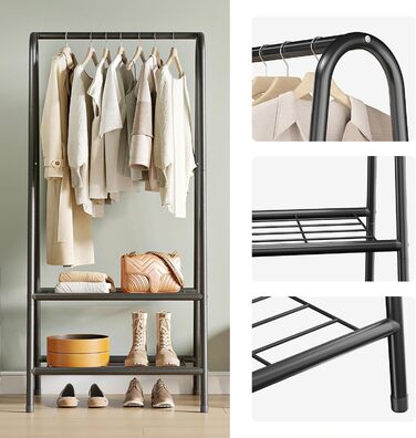 Robust metal clothes rack with double shelves for hanging clothes, freestanding and portable metal clothes rack, 62 L x 35 W x 157.5 H cm space-saving design, Gold (Black)