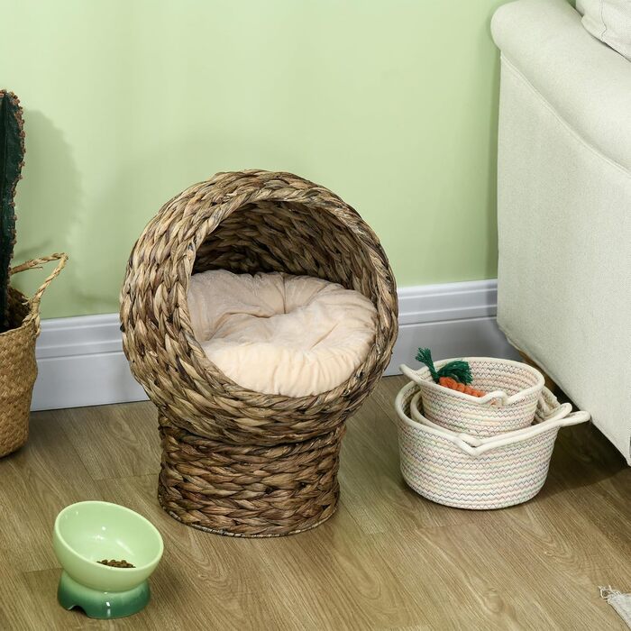 PawHut Rattan Cat Basket Cat Cave Cat House Cat Bed with Cushion Pet Bed Water Hyacinth 42 x 33 x 52 cm (42L x 33W x 52H cm, Coffee)