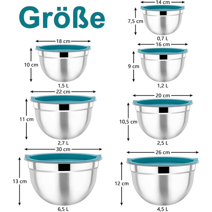 Homikit Mixing Bowls, 7-Piece Stainless Steel Bowl Salad Bowl Set with Airtight Lid for Cooking/Baking/Serving, Nesting, Dishwasher Safe, 6.5/4.5/2.7/2.5/1.5/1.2/0.7L, Blue