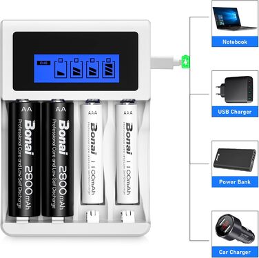 Зарядний пристрій BONAI для акумуляторів 4 слоти LCD, для AA/AAA NI-MH NI-CD акумуляторів, з 4 шт. акумуляторами 2800mAh AA та 1100mAh AAA