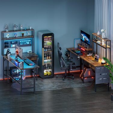 Ігровий стіл кутовий 150x100 см з 3 розетками та 2 USB, зворотний, з LED підсвіткою, з ящиками та підставкою для монітора. Колір: коричневий.