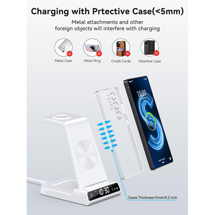 Бездротовий зарядний пристрій 3-в-1 для Samsung Galaxy S25 Ultra, Watch 8/7/Ultra, Buds, з цифровим годинником