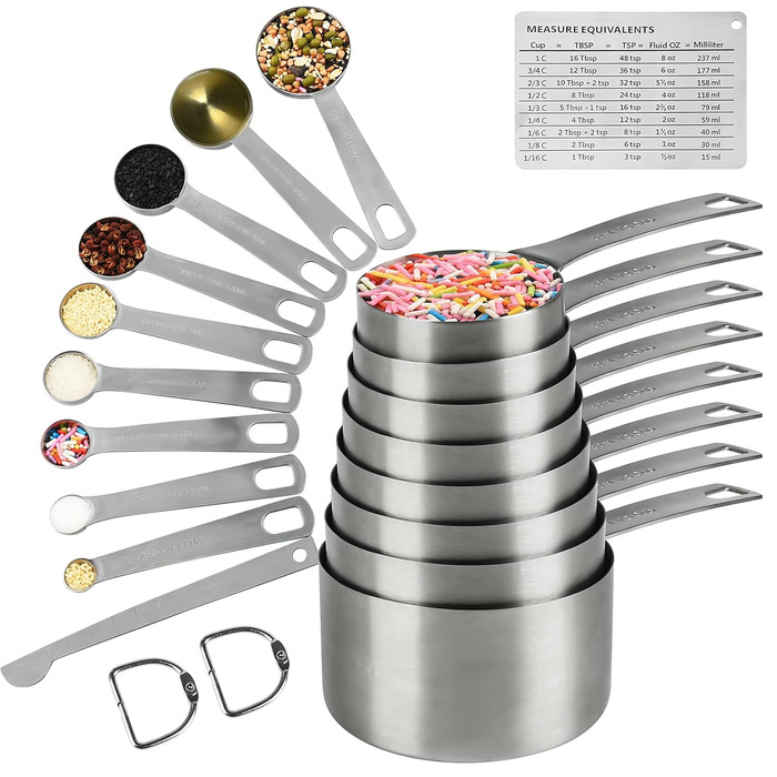 Stainless Steel Measuring Cups and Spoons Set, 8 Piece Measuring Cups, 9 Piece Spoons, 1 Leveler, 1 Conversion Chart for Stainless Steel Measuring Cups, 18/8 (304)