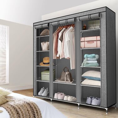 INTIRILIFE Folding Wardrobe 150x175x45 cm - with Zipper Fabric Wardrobe Closet with Clothes Rail, Compartments and Side Pocket - Camping Pop-up Storage Cabinet Textile Wardrobe (Ash Grey)
