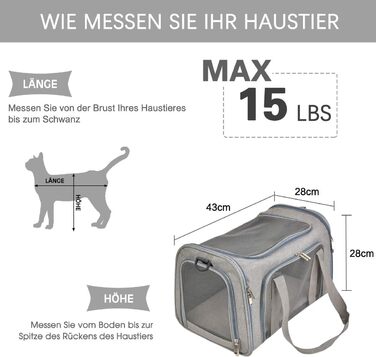 Транспортна сумка для кота та собаки, складана переноска для домашніх тварин середнього розміру (сіра) 43 x 28 x 28 см