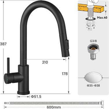 Кран кухонний CECIPA SOFETIY SERIE, чорний, з висувною лійкою, 360° поворот, нержавіюча сталь, двофункціональний