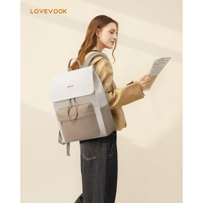 LOVEVOOK Рюкзак для жінок, 17.3 дюйми, рюкзак для ноутбука, підлітки, водонепроникний, дівчатка, легкий, для школи, університету, подорожей, роботи, з відділенням для ноутбука, жіночий, повсякденний, (M-15.6 дюйми, Бежевий+хакі)