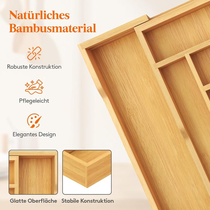 Органайзер для столових приборів Lifewit в шухляду, бамбуковий, 38 см (27-46 см) - розсувний лоток для кухні