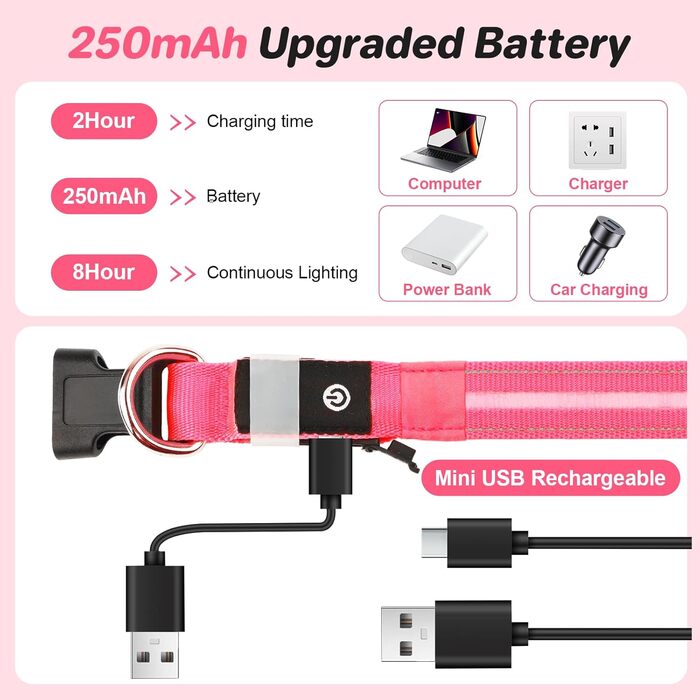 Світлодіодна нашийник для собак Feycig - USB зарядка, водонепроникний, 3 режими, регульований (L, рожевий, 28-40см)