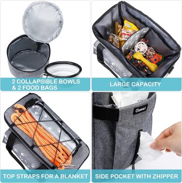 Сумка для собак у подорожі, схвалена авіакомпаніями, з контейнерами для корму та складними мисками (XL, сіра)