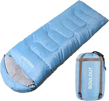 SOULOUT 3-4 Season Sleeping Bag - Waterproof Lightweight Sleeping Bag for Camping, Travel & Outdoor Activities - Ideal for Adults & Kids - 220 x 83 cm (Sky Blue / Left Zip)