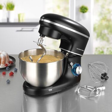 Gourmetmaxx Kitchen Machine with Kneading and Whisking Function | Powerful kitchen machine with a large 5-liter stainless steel bowl and direct drive | Includes mixing attachment, dough hook & whisk [1,500 watts] Metallic Black