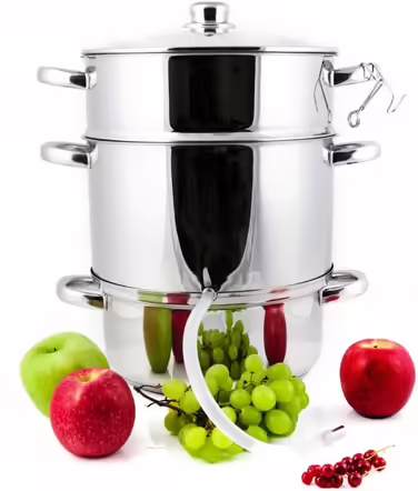 Grafner 8.5 Liter Stainless Steel Steamer/Juicer, diameter Ø26cm, with drain tap and glass lid, induction-compatible, ideal for juice and jelly, fruit pot juicer, fruit press, fruit and vegetable juicer.