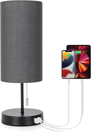 Настільна лампа Aigostar з 2 USB-портами, вимикач, металевий цоколь, сірий колір, для спальні, вітальні, дитячої кімнати