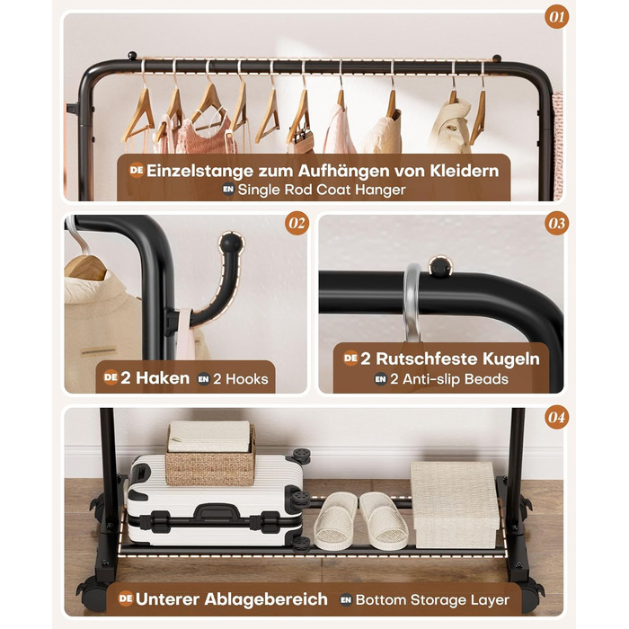 Міцний вішак для одягу на колесах Yorbay: металева стійка з полицею для багажу. Компактна вішалка для одягу в спальню, пральню, магазин (81 см). Чорний колір, 81 см