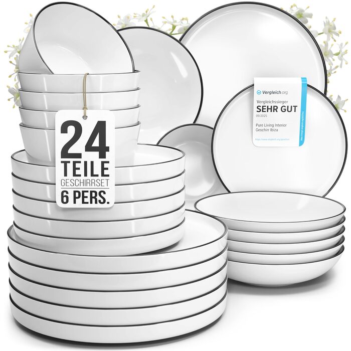 Набір посуду з порцеляни на 6 осіб Scandi, 24 шт. Pure Living, білий колір, чорний край