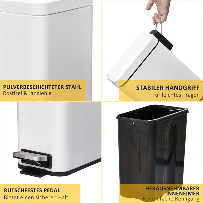 HOMCOM 5L Step Trash Can, Cosmetic Can, Waste Bin with Lid and Foot Pedal, Trash Container with Inner Bucket, Bathroom Trash Can for Living Room, Office, Metal, White, 29.2 x 14 x 32 cm | Aosom