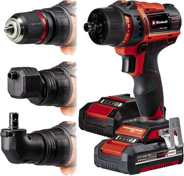 Акумуляторний дриль-шуруповерт Einhell TE-CD 18/45 3X-Li+ Power X-Change (18 В, 45 Нм, кутовий насадка, ексцентрик, 22-ти шт. набір біт, 2x2.0 Ah акумулятори, зарядний пристрій + E-Box)