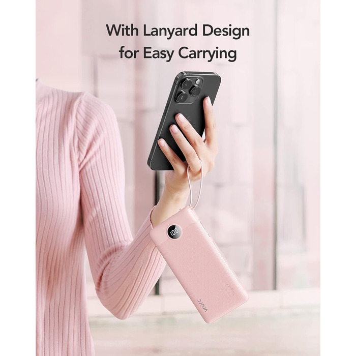 Powerbank VRURC 10000mAh з кабелем: портативний зарядний пристрій USB-C з LED дисплеєм та 5 виходами для iPhone, Huawei, Samsung та інших смартфонів - Рожевий