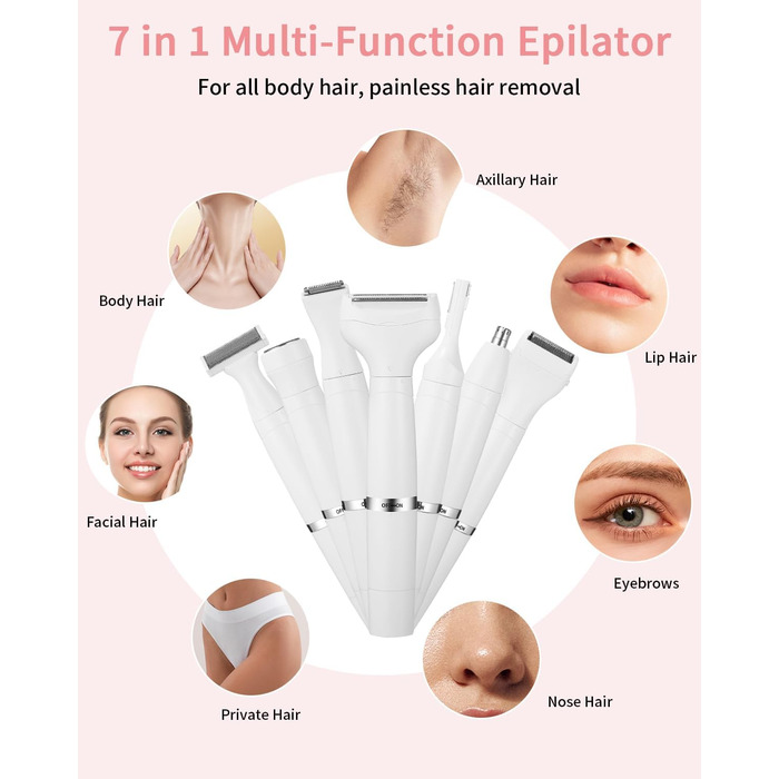 Набір для епіляції та стрижки 7-в-1 для жінок: тример для обличчя, бікіні, під пахвами, носа. USB, водонепроникний, портативний.